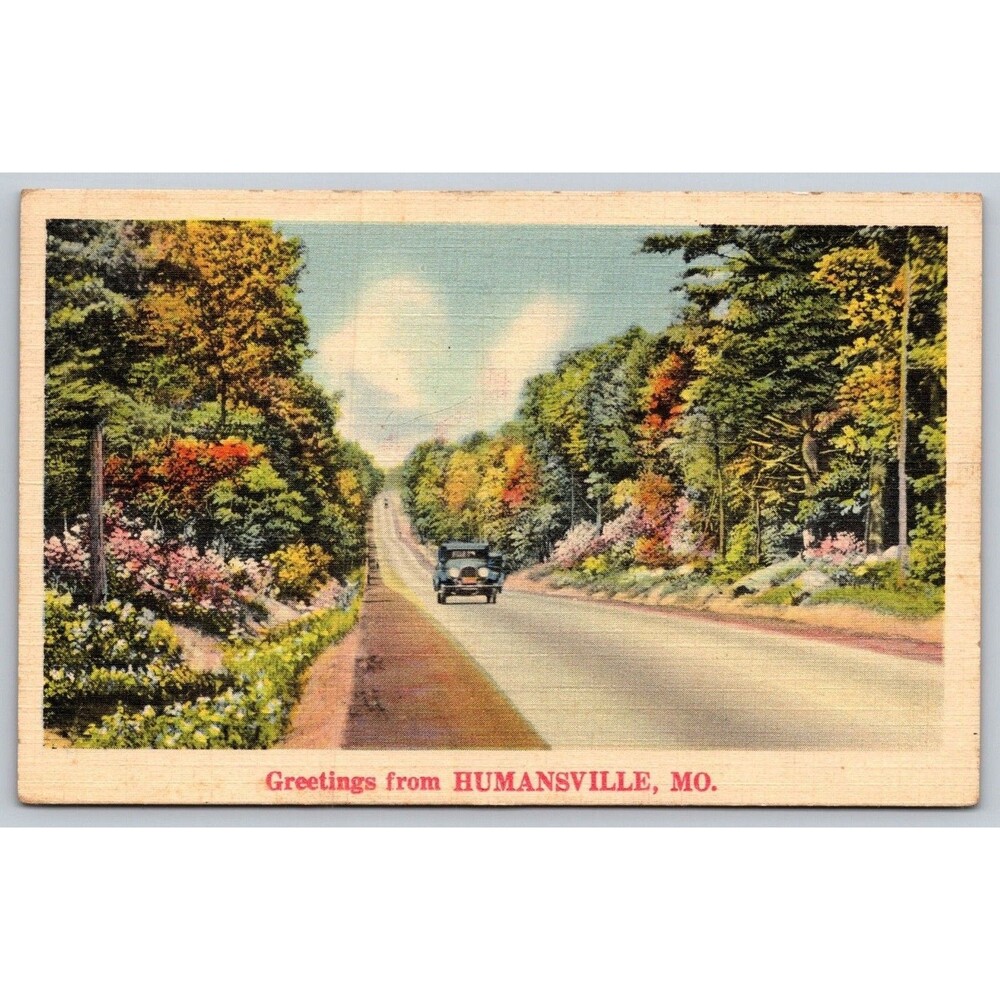 Vintage 1939 Humansville MO Linen Postcard Scenic Country Road with Car Posted